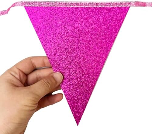 Hot Pink Buffalo Plaid Party Decorations Pennant Banner Flag Hot Pink Glitter Paper Triangle Hanging Bunting for Birthday Bachelorette Anniversary Wedding Bridal Shower Hen Party Supplies - Image 5