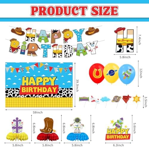 Toy Cartoon Birthday Party Decorations Toy Themed Party Supplies Include Happy Birthday Banner, Backdrop, Balloons, Cake Topper, Honeycomb - Image 2