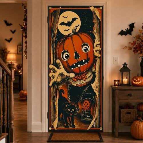 Halloween Pumpkin Character Door Banner 35.4 x 78.7 Inch Polyester Door Cover, Vintage Pumpkin Entrance Decoration with Black Cat for Front Door Porch Entryway Seasonal Home Decor - Image 7
