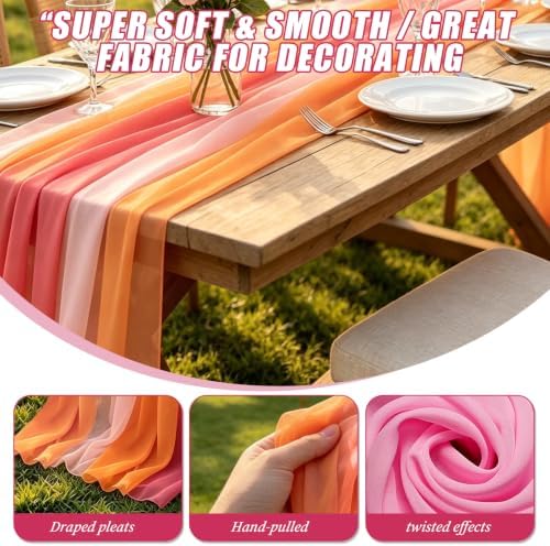 8 Pcs Pink and Orange Party Decorations, 10Ft Chiffon Table Runner Cloth, Boho Sunset Party Decorations for Wedding Table Bridal Shower Birthday Graduation Parties Supplies - Image 3