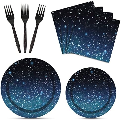 96 Pcs Galaxy Party Starry Night Supplies Tableware Set Outer Space Theme Birthday Star Party Table Decorations Solar System Paper Plates Napkins Forks for 24 Guests by partygreeting