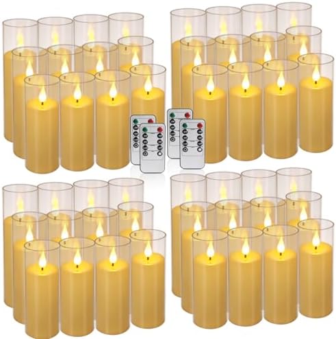 YOROXRG Flickering Flameless Candles Battery Operated with Remote and 2/4/6/8 H Timer Plexiglass LED Pillar Candles with Realistic Moving Wick for Home Decor Pack of 48 (D2.2 xH 5" 6" 7") (Ivory) by YOROXRG