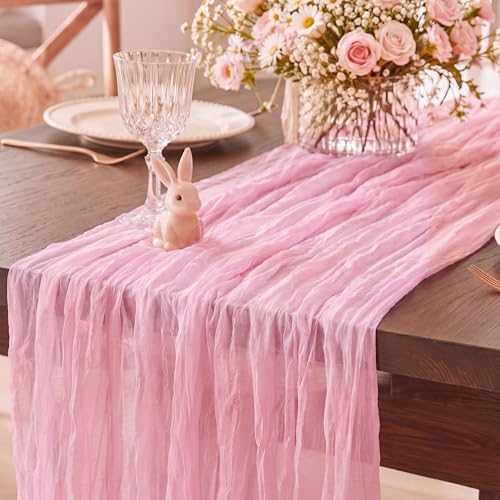 1 Pack Candy Pink Cheesecloth Table Runner 120 Inch Boho Wedding Decor by Fixwal