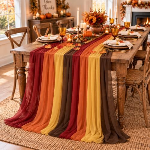 Cinrobiye Fall Table Decorations Set with 8 Pcs Colorful Chiffon Table Runners Artificial Maple Leaves Decorative Ribbon for Thanksgiving Autumn Harvest Wedding Party Home Seasonal Decor - Image 3