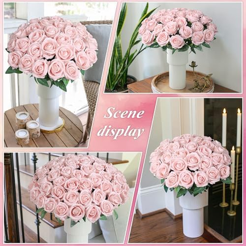 50 PCS Blush Roses Artificial Flowers, Fake Roses with Stem Realistic Silk Rose for DIY Wedding Bouquets Table Centerpieces Arrangements Baby Shower Birthday Home Decor Valentines Day Gift for Her - Image 4