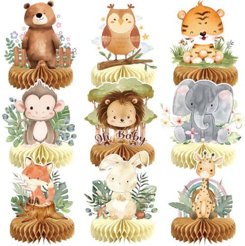 9Pcs Woodland Baby Shower Birthday Decorations Honeycomb Centerpieces, Forest Baby Shower Table Decorations Animals Birthday Party Table Centerpieces Toppers Decor by MOORAY