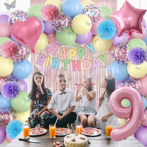Pastel 9th Birthday Colorful Party Decorations Girls Pink Number 9 Balloon - Image 5