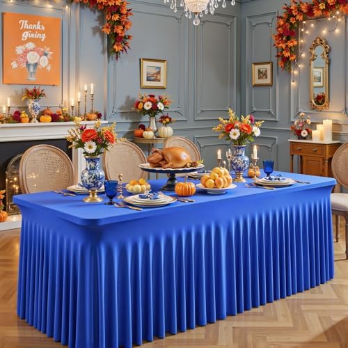 Shillance 2 Packs Royal Blue Tableclothes for 8 Foot Rectangle Table, Wrinkle Free Spandex Tablecovers 8FT Stretch Fitted Table Cloth with Skirt for Birthday Parties Graduations Event Wedding Banquet - Image 4