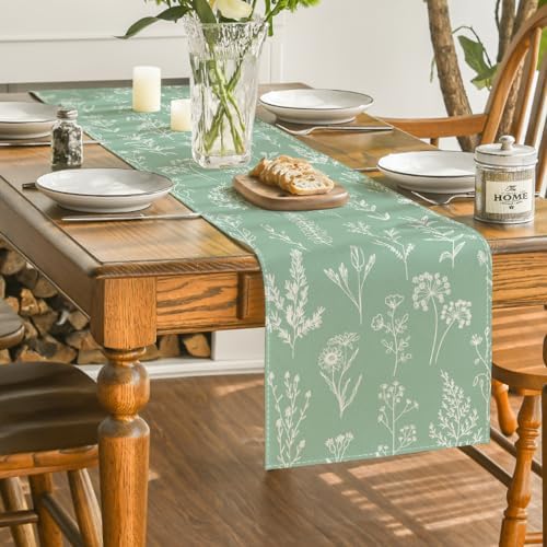 Artoid Mode Sage Green Leaves Flowers Spring Table Runner, Seasonal Kitchen Dining Table Decoration for Home Party Decor 13x90 Inch - Image 4