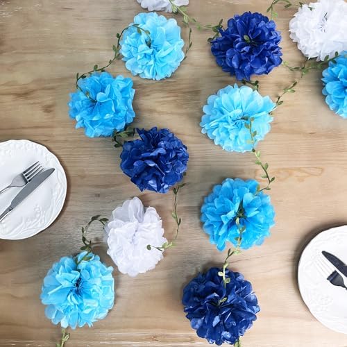 Blue White Party Decorations Ombre Blue Tissue Paper Flowers Pom Pom with Leaf Ribbon Hanging Garland Streamer for Birthday Wedding Shower Under The Sea Nautical Ahoy Achor Party Supplies - Image 4