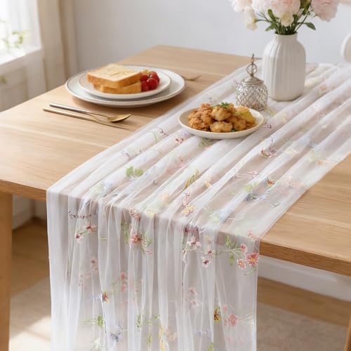 BINBE 6pcs Ivory Florals Table Runner Embroidery Gauze 10FT Daisy Seasonal Tulle Birthday Wedding Holiday Kitchen Dining Table Decor for Home Party - Image 6