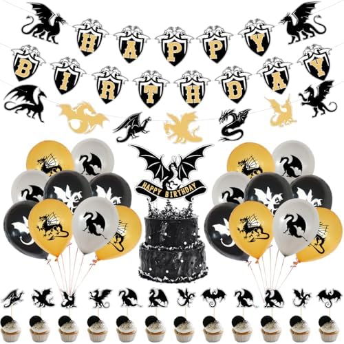 Dragon Birthday Party Decoration, Cool Banner Cupcake Toppers and Balloons for Dragon Themed Party, Black Gold Birthday Supplies for Boys by Unknown