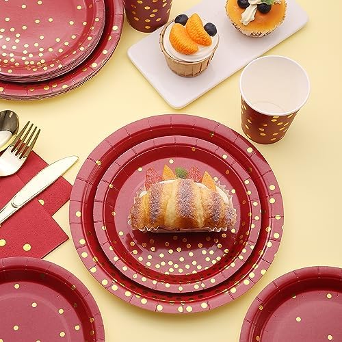 175 PCS Burgundy and Gold Party Supplies - Burgundy Plates and Napkins Sets Serve 25 Guests - Maroon and Gold Paper Plates for Birthday Wedding Graduation Holiday Party Decorations - Image 5
