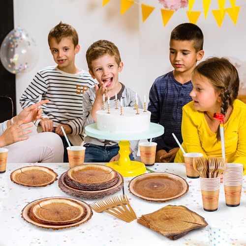 durony 144 Pieces Camping Wood Grain Slice Dinnerware Set Rustic Wood Party Supplies Paper Plates Napkins Serve 24 for Forest Themed Party Decorations Camping Birthday Supplies - Image 5