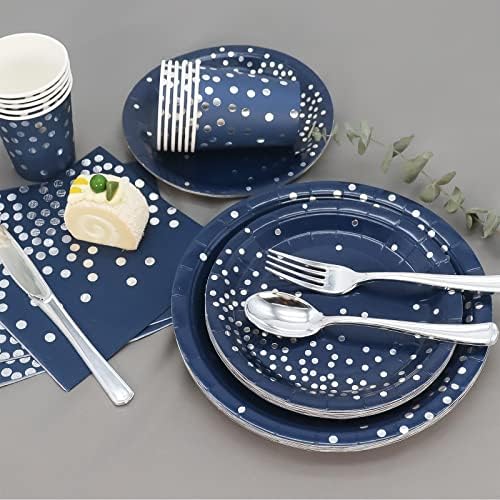 168Pcs Navy Blue Plates and Napkins Party Supplies, Navy Blue Paper Plates Serve 24, blue and Silver Party Decorations, for Fathers Day, Graduation, 4th of July, Hanukkah Party - Image 4