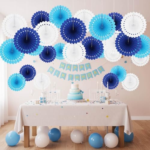 CC wonderland zone 12PCS Blue White Paper Fans Party Decorations,Hanging Ceiling Honeycomb Round Tissue Paper Fans for Birthday Wedding Party Decorations - Image 2