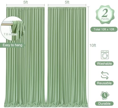 10 x 10 Sage Green Backdrop Curtain with Lights String for Party - Image 3