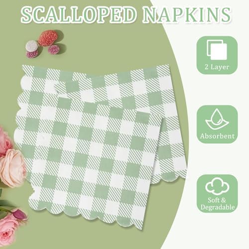 150 Pcs Sage Green Gingham Party Supplies, Green Plaid Scalloped Plates 9 Inch Disposable Checkered Dinner Dessert Plates and Cocktail Napkins for Birthday Wedding Baby Shower BBQ Party, Serve 50 - Image 6