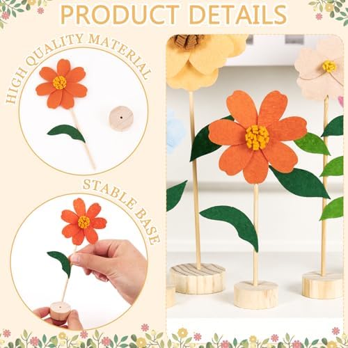 11Pcs Wildflower Party Decorations with Wooden Base, Felt Flowers - Image 3