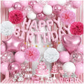 Pink Birthday Decorations for Girls, Pink White Party Balloons Happy Birthday Banner Balloon Star Heart Foil Balloon Fringe Curtain Paper Pompom for Women Bday Party Supplies by Jobkoo