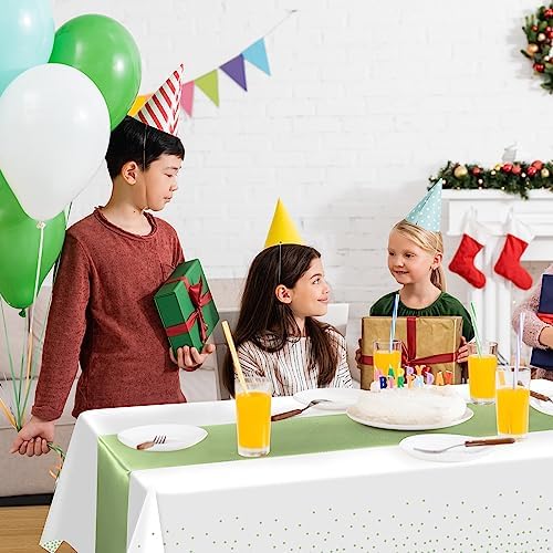 16Pack Plastic Tablecloths and Satin Table Runner Set Disposable White and Sage Green Dot Table Cloth Green Satin Table Runner for Wedding Birthday Baby Shower Anniversary Holiday Party Decorations - Image 6