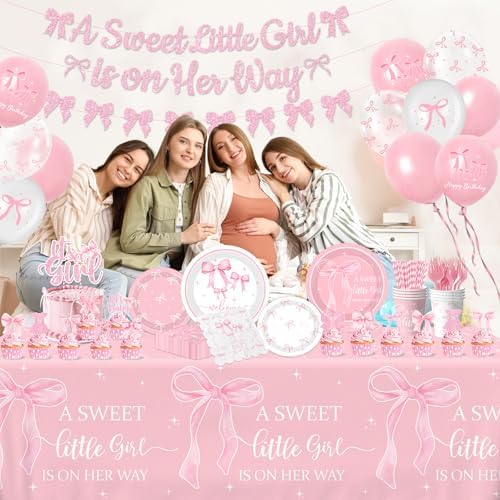 Pink Bow Baby Shower Decorations for Girl,Pink Bow Birthday Party Supplies Include Bow Plate,Napkin,Banner,Cake Topper,Balloons Welcome Baby Girl Decorations for Coquette Bow Party Serves 25 - Image 2
