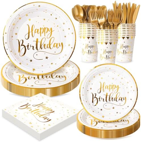White and Gold Happy Birthday Party Plates, 168PCS Birthday Party Supplies by FightingtoAchieve