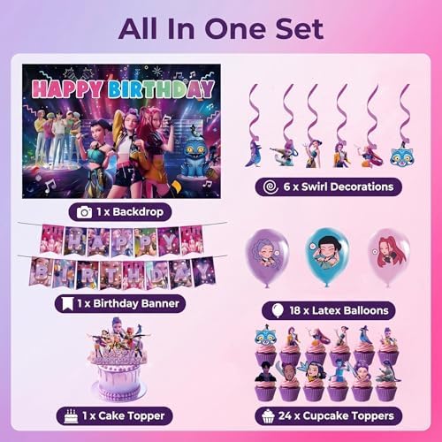 Demon Movie Hunters Birthday Decorations, Cute Party Supplies Set Include Banner, Backdrop, Balloons, Hanging Swirls, Cake Topper, Cake Cupcake Toppers for Boys Girls Cartoon Theme Party - Image 3