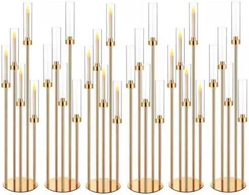 42.5in Gold Candle Holders for Table Centerpiece Candelabra Candlestick Holders Decor Wedding Centerpiece Table Decorations 5 arm Candle Holder Set of 6 Acrylic lampshade Fit 0.9" LED Candle by MEISHAONV
