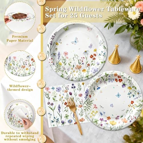 Floral Paper Plate and Napkin Set, Wildflower Party Decorations, Serves 25 - Image 6