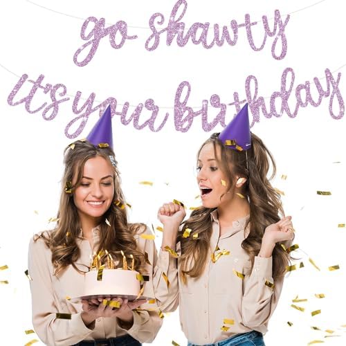 BEISHIDA Light Purple Go Shawty It's Your Birthday Banner - NO DIY - Hip Hop Theme Glitter Happy Birthday Banner - Pre-Strung - Light Purple Rap Theme Happy Birthday Sign for Man Women birthday Party - Image 6