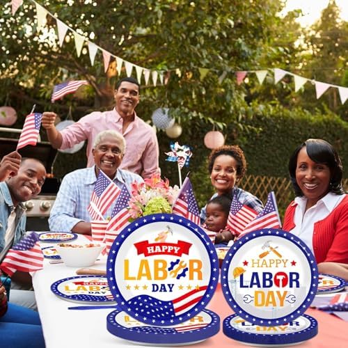 96 Pcs Labor Day Party Supplies for 24 Guests Labor Party Tableware Plates Napkins American Holiday Patriotic Dinnerware Table Decorations Happy Labor Day Party Favor for USA Independence Day - Image 6