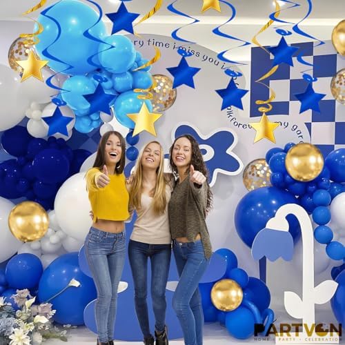 Blue Gold Hanging Swirl Decorations - 32 Pcs Metallic Ceiling Swirls with Foil Stars, Streamers for Graduation 2026, Wedding, Birthday, Nautical Theme, Father's Day, Retirement Party Supplies - Image 6