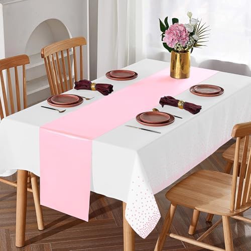 16Pack Disposable Plastic Tablecloths and Satin Table Runner Set White and Pink Dot Table Cloth Gold for Graduation Wedding Engagement Birthday Baby Shower Anniversary Holiday Party Decorations - Image 5