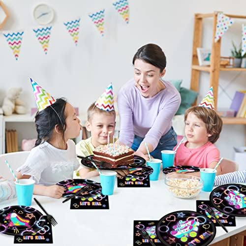 96pcs Roller Skating Party Supplies Tableware Set Retro Roller Skate Party Paper Plates Napkins Set Favors for Boys Girls Teens Birthday Dinnerware Decorations, Serve 24 - Image 6