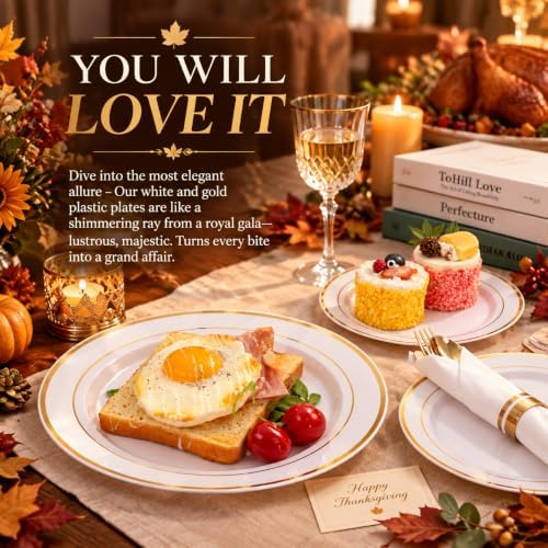 WDF Partyware 175PCS White and Gold Plastic Plates - Gold Plates with Rolled Napkins for Party - 25Guest Disposable Dinnerware Sets for Thanksgiving/Wedding/Birthday - Image 2