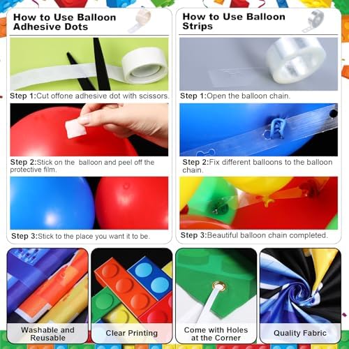 124 Pcs Building Blocks Birthday Party Decorations Set Brick Stand up Cardboard Cutouts Birthday Themed Backdrop Balloons Garland Arch Kit for Building Block Themed Celebration Supplies - Image 3
