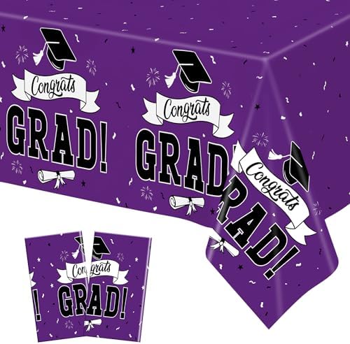2 Pcs Graduation Tablecloth, 108" X 54" Plastic Graduation Decorations 2026, Rectangle Purple Table Cover for Grad Decor Party Supplies, Disposable Tablecover for Class of 2026 Congrats Grad for Kids by QZYL