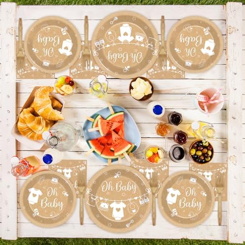 96Pcs Baby Shower Birthday Party Plates and Napkins Neutral Theme Party Supplies Boho Baby Paper Dessert Plates Brown Disposable Tableware for Kids Birthday Baby Shower Decoration Serve 24 - Image 5
