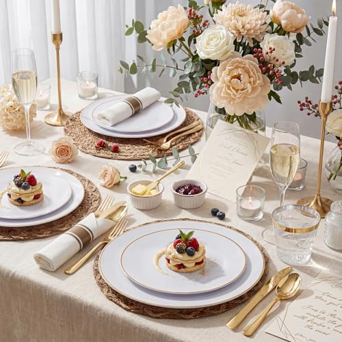 KIRE 200PCS Gold Plastic Plates - Disposable Plates for Party - White Plastic Plates with Gold Rim Include 100 for Dinner and 100 for Dessert/Salad in Wedding/Party/Halloween/Thanksgiving - Image 2