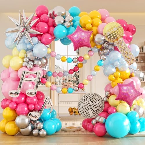 Music Fans Birthday Decoration,148 Pcs Balloon Arch Garland Kit with Microphone, Laser Star, Disco Mylar Balloon for music fans theme teenage girl Birthday Party Prom Decorations by Woaipati