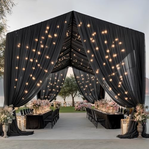 6 Panels Black Ceiling Curtains with Lights for Weddings, 5ftx10ft Wrinkle-Free Tulle Fabric Wedding Arch Draping Ceiling Drapes Decorations for Wedding Party Ceremony Stage Tent Event - Image 7