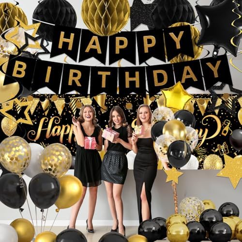 Gold Black Birthday Decorations, Happy Birthday Banner, Backdrop, Balloons, Honeycomb Balls, Star Foil Balloons, Stars Hanging Swirls & Cake Topper for Baby Boys Girl Men Women Birthday Decoration - Image 5