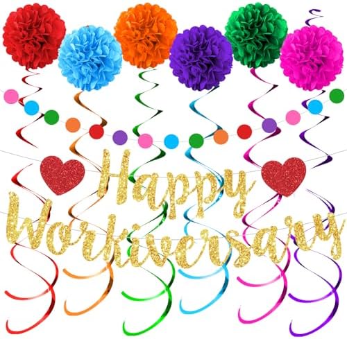 Happy Workiversary Party Decorations Colorful Glittery Work Anniversary Banner Hanging Swirls Paper Pompoms Circle Dots Garland for Men Women Office Employee Worker Appreciation Party Supplies by LUUFILx