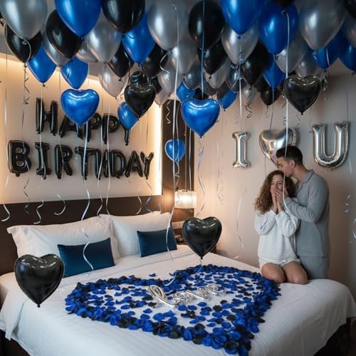 Blue Black Silver Balloons with I LOVE YOU & HAPPY BIRTHDAY Foil Balloons & Rose Petals for Romantic Special Night, Anniversary, Valentine Day, Birthday Decorations for Him, Bedroom, Hotel Room - Image 6