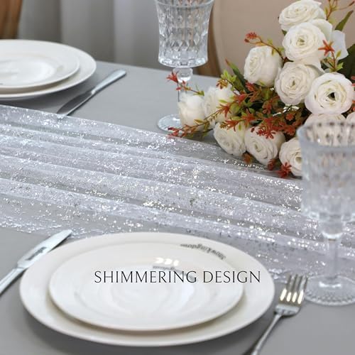 Snowkingdom White Silver Table Runner Gauze Sheer Tulle 10 FT 120 Inch Sparkly Metallic Foil Glitter Sequin Party Table Decor Centerpieces for Party Wedding Bridal Baby Shower Christmas New Year - Image 3