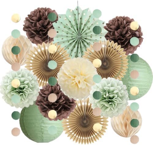 Sage Green and Brown Party Decorations Baby Shower Decorations Sage Green Beige Brown Tissue Paper Pom Poms Lanterns for Sage Green and Brown Birthday Bridal Shower Wedding Room Decor by FETETIJD