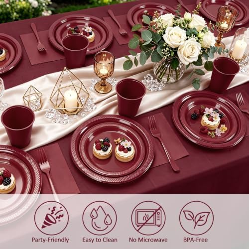 Burgundy Plastic Plates for Party,30 Guests Disposable Maroon Party Supplies,9" Dinner,7" Dessert Plate,Napkins,Cups,Forks and Tablecloth Dinnerware for Birthday Wedding Elegant Parties - Image 4