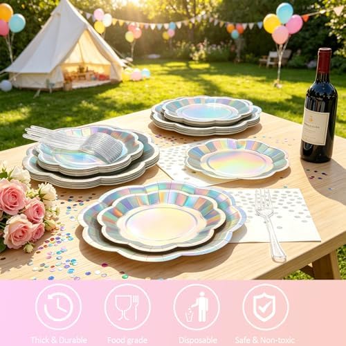 100pcs Iridescent Party Plates and Napkins | 25 7inch Dessert Plates | 25 9inch Disposable Plates | 25 Napkins | 25 Forks Holographic Party Supplies for Mermaid Birthday Wedding Bridal Shower Party - Image 5