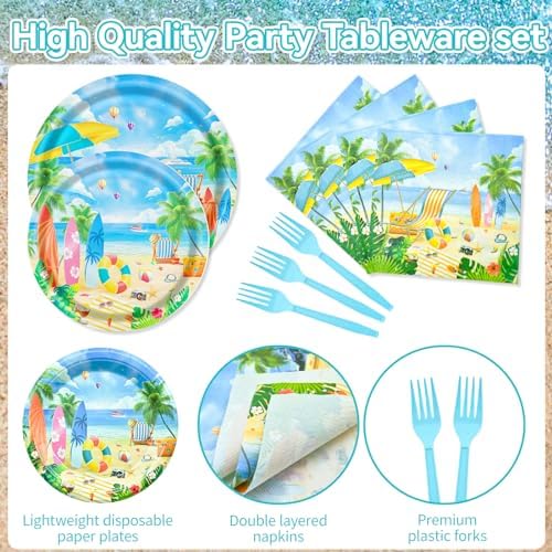 96 Pieces Summer Beach Plates and Napkins Set, Tropical Disposable Tableware with Paper Plates Napkins and Forks for Pool Party Luau Birthday Picnic, Serves 24 - Image 3